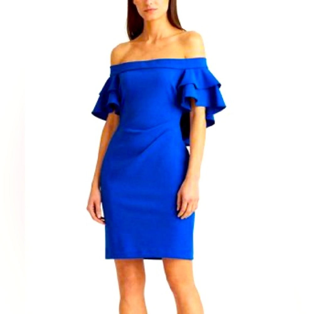 $185 Ralph Lauren Women's Solid Blue Ruffle Tiered Off-The-Shoulder Dress Size 2